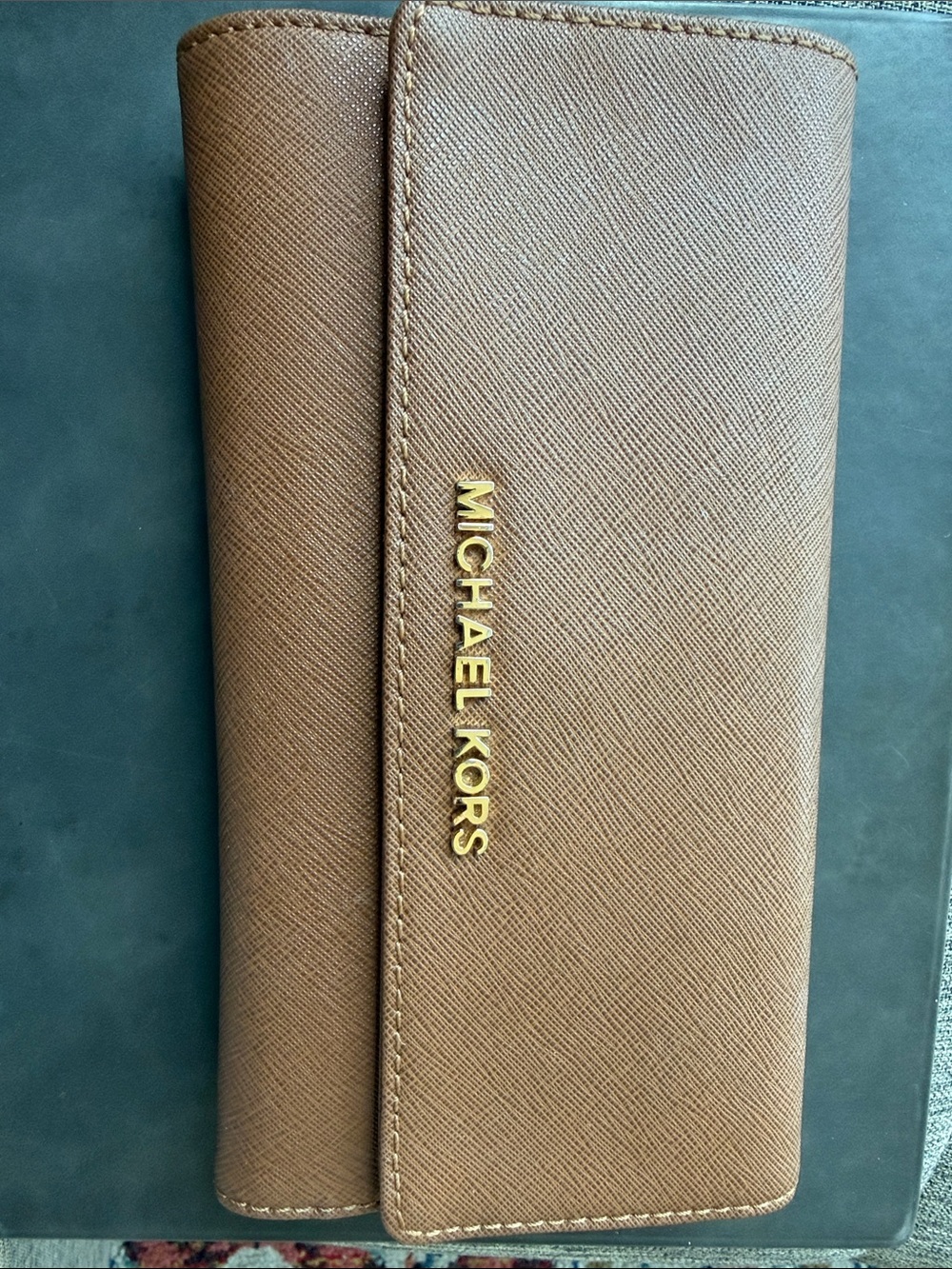 Michael Kors Tan Saffiano Leather Continental Wallet with Gold Logo